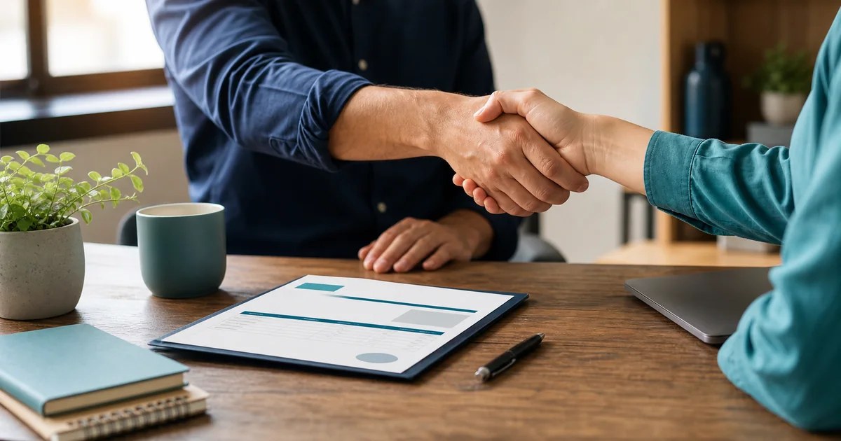 A carefully prepared professional invoice beside a handshake and a small business ledger