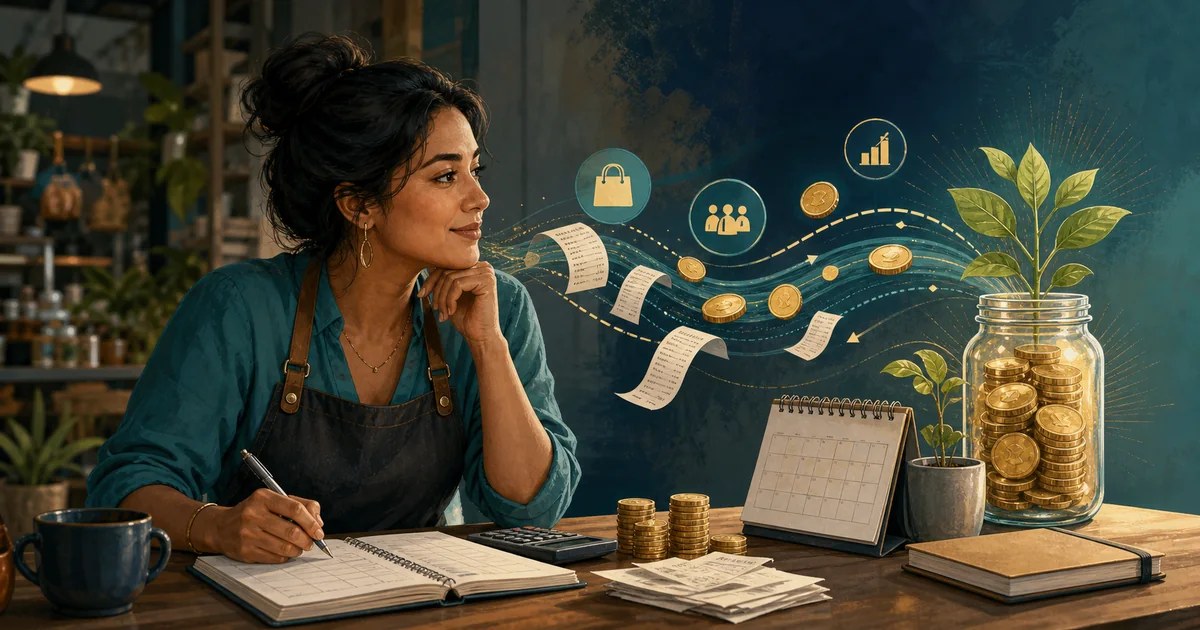 A small business owner studying a healthy cash flow stream and a simple ledger