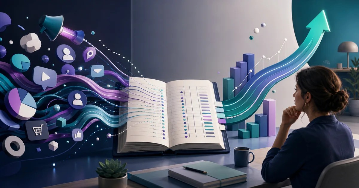 Marketing campaign data flowing into a bookkeeping dashboard with profit figures