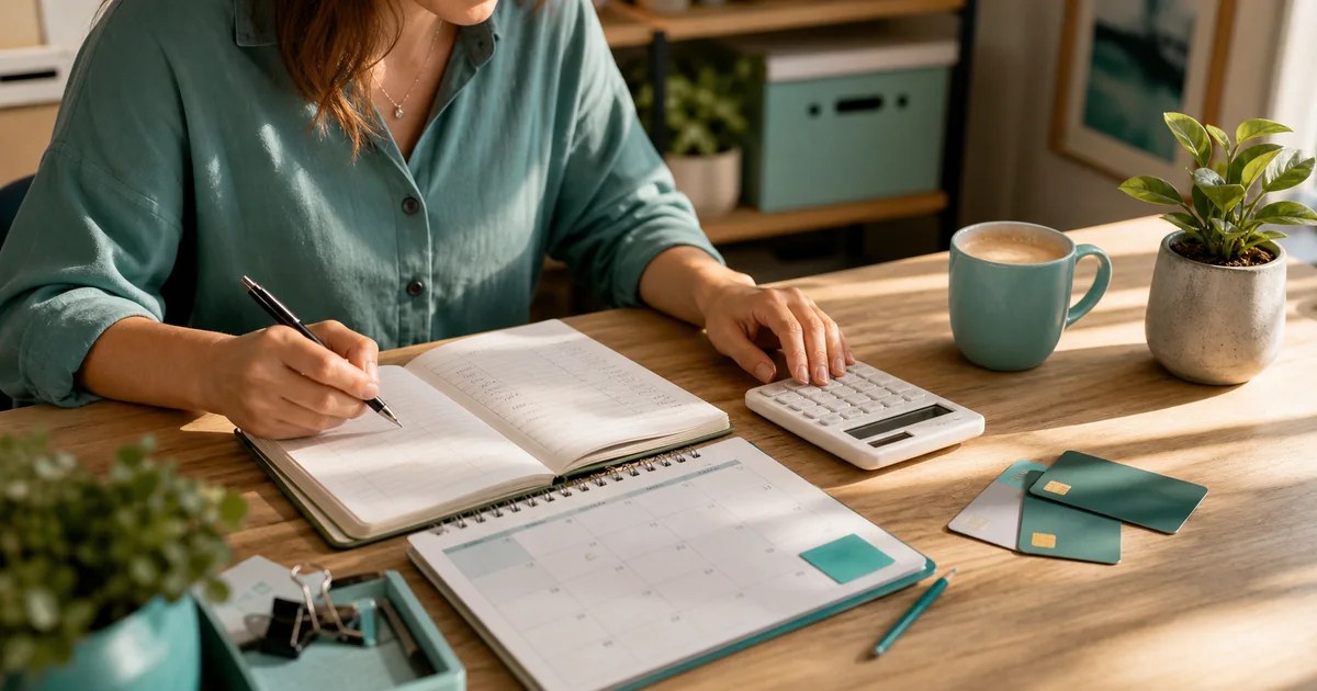A calm twenty-minute weekly bookkeeping routine with coffee, calendar, and ledger