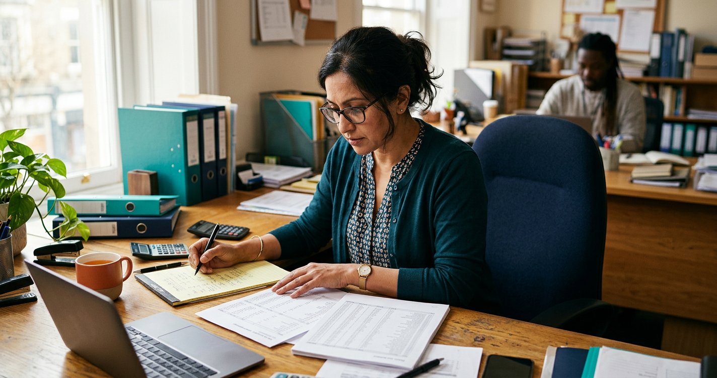 A small business owner comparing a handwritten estimate against an actual ledger printout