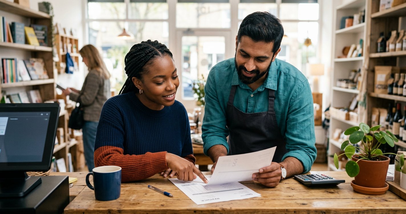 Two coworkers reviewing an invoice together before sending it to a client