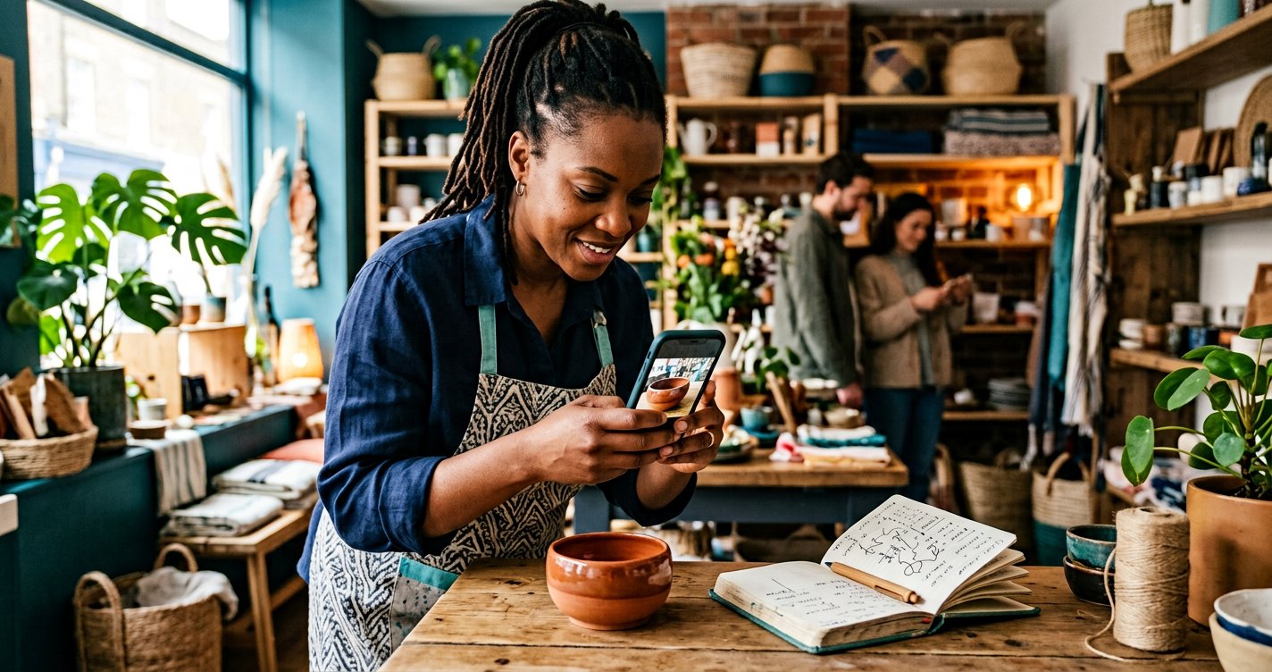 A small business owner's phone showing a social media post next to a notebook tracking hours spent