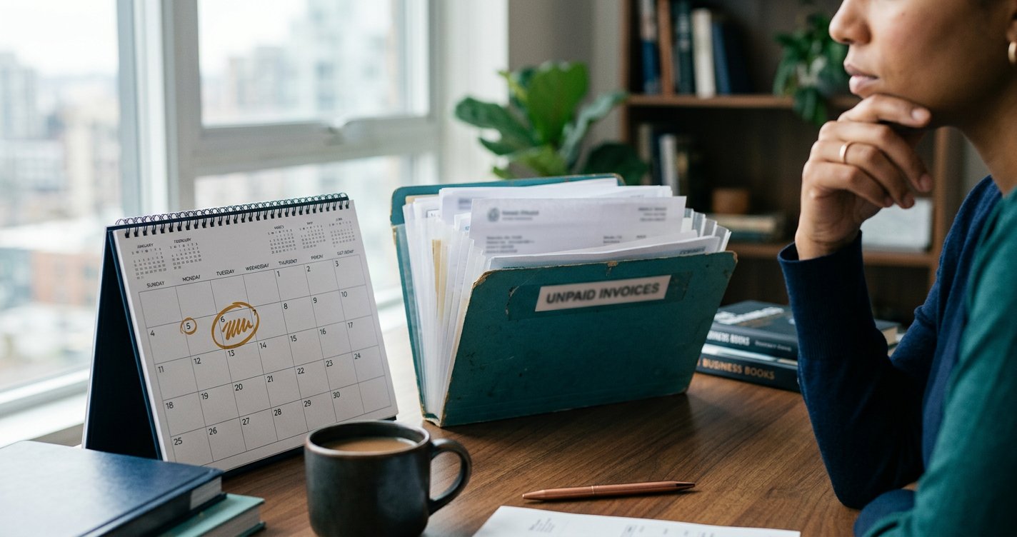 An overdue invoice stamp next to a calendar page marked past the due date