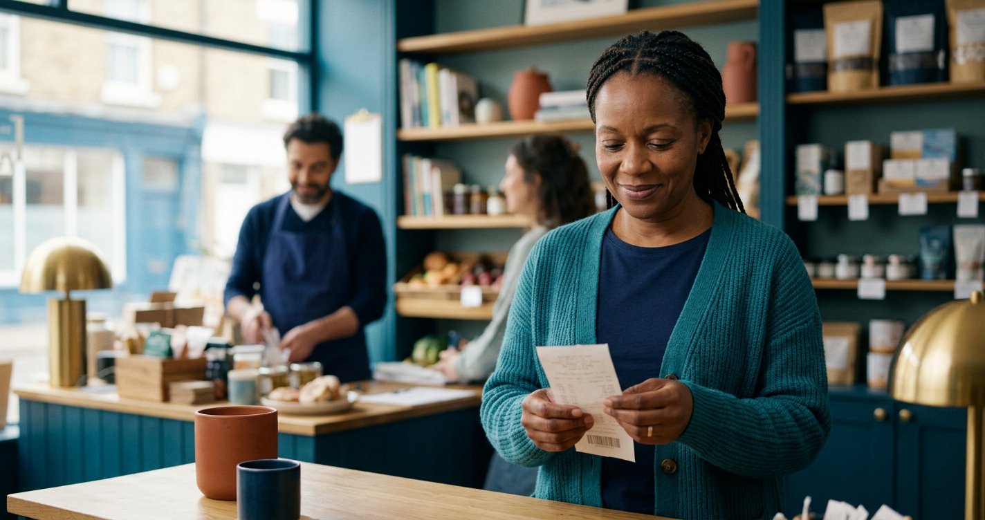 A satisfied customer smiling while quietly reviewing a receipt, with no comment box in sight