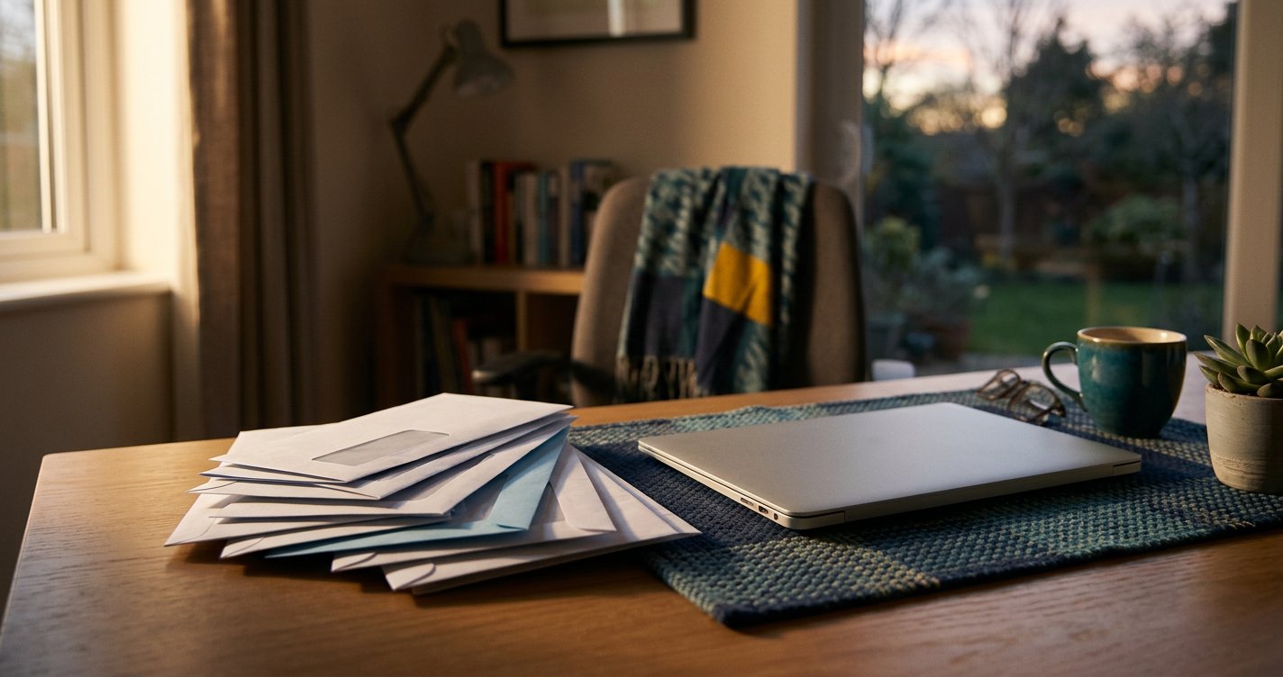 A stack of unopened bank statements next to a closed laptop representing postponed bookkeeping