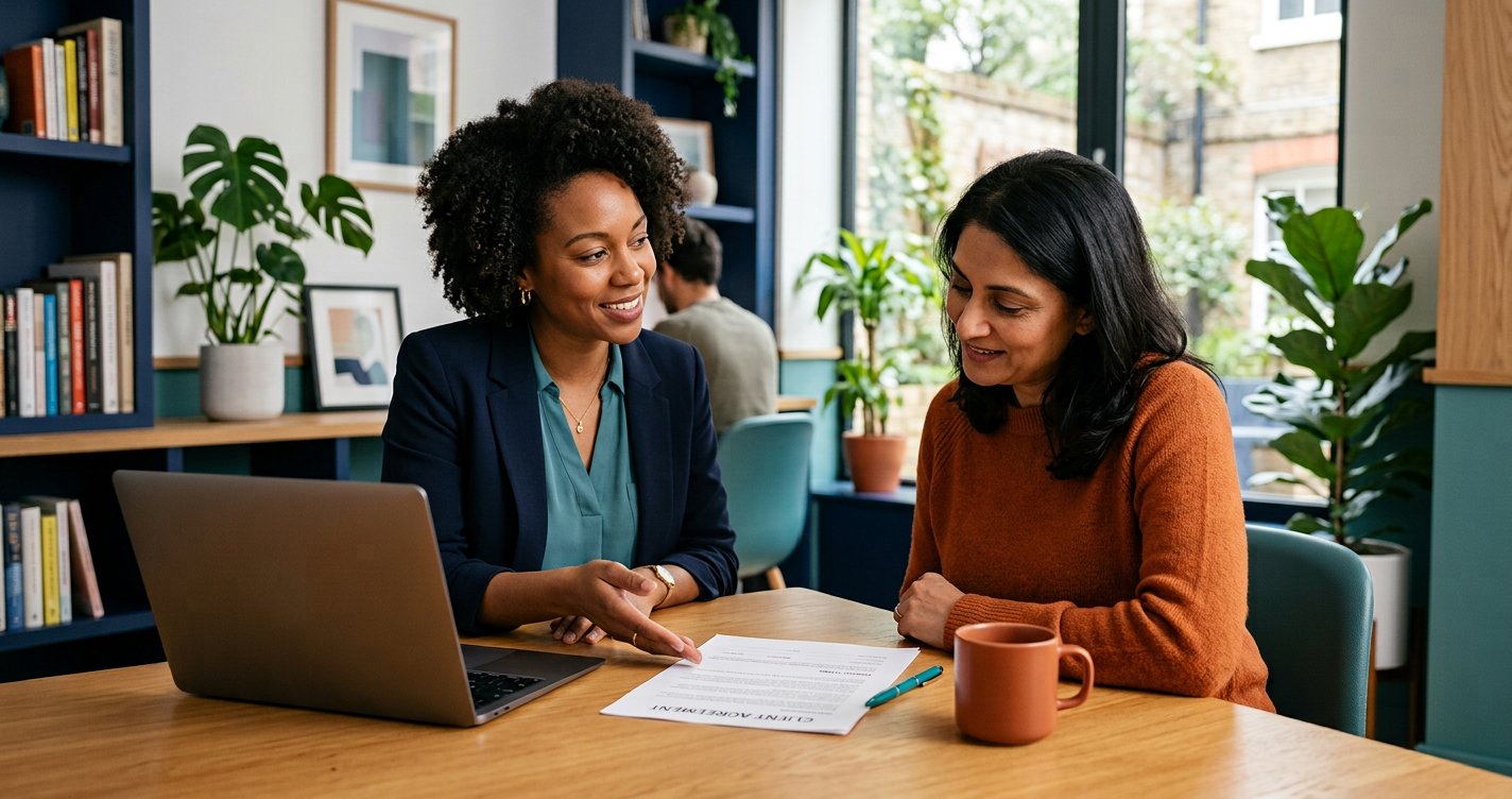 A small business owner explaining a deposit request to a client over a laptop and printed agreement