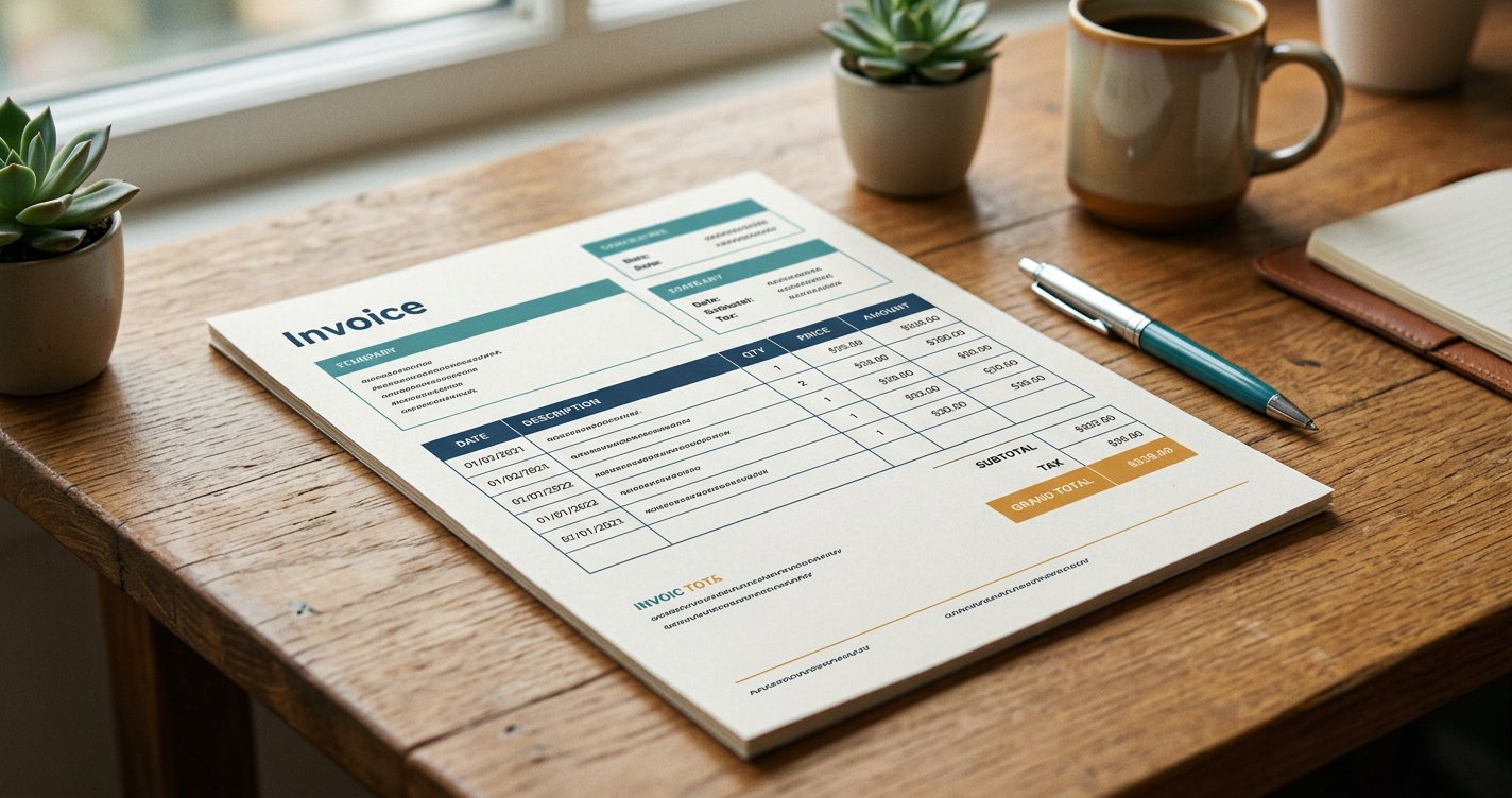 A clean, well-organized printed invoice with clear sections on a wooden desk