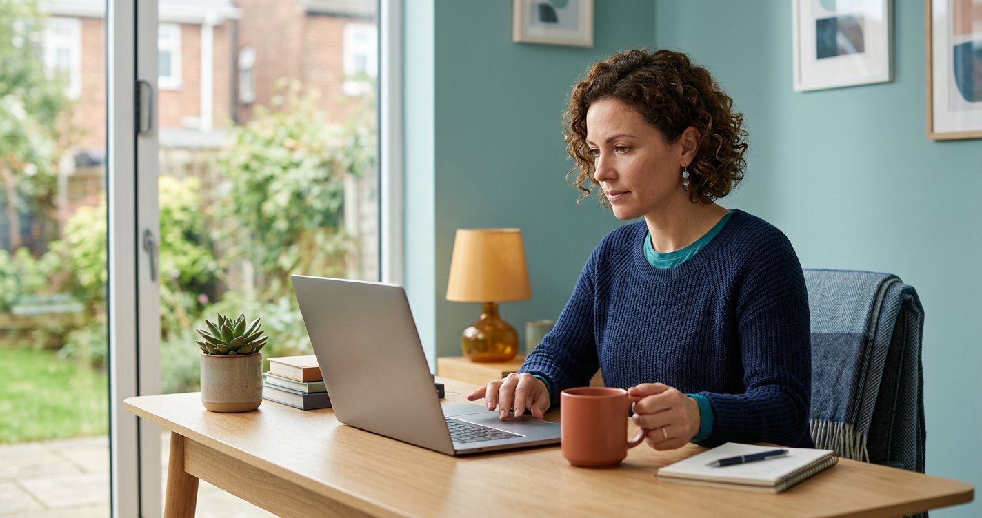 A small business owner calmly reviewing a refund request email on a laptop