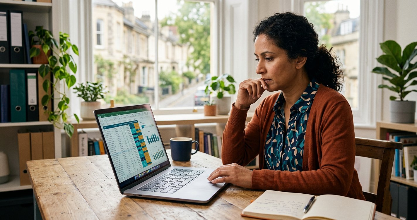 A small business owner reviewing a list of monthly retainer clients on a spreadsheet