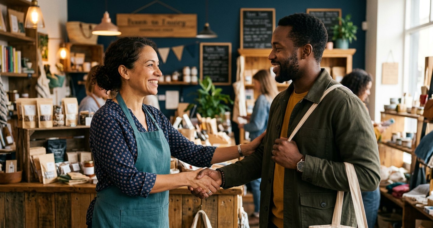 A small business owner thanking a customer who referred a new client, shaking hands in a shop