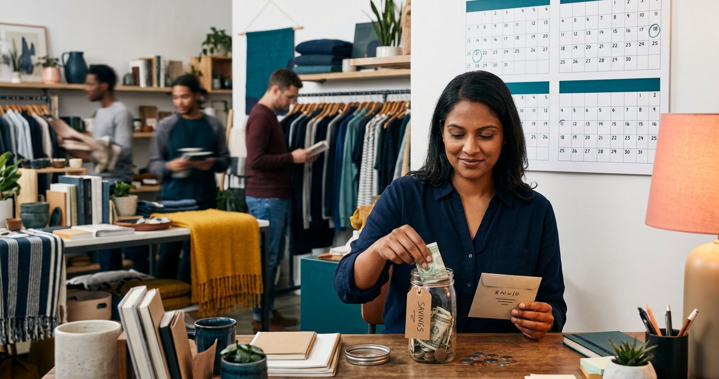 A small business owner setting aside cash reserves during a busy season, calendar showing upcoming slow months