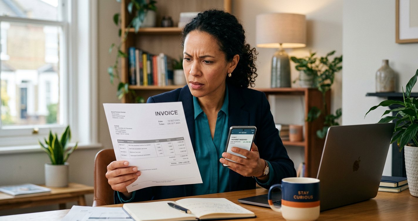 A small business owner comparing an invoice amount to the actual deposited amount after currency conversion